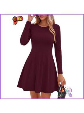 Ribbed Knit Long Sleeve Mini Dress Tie Back A-Line Flowy Fall Cocktail